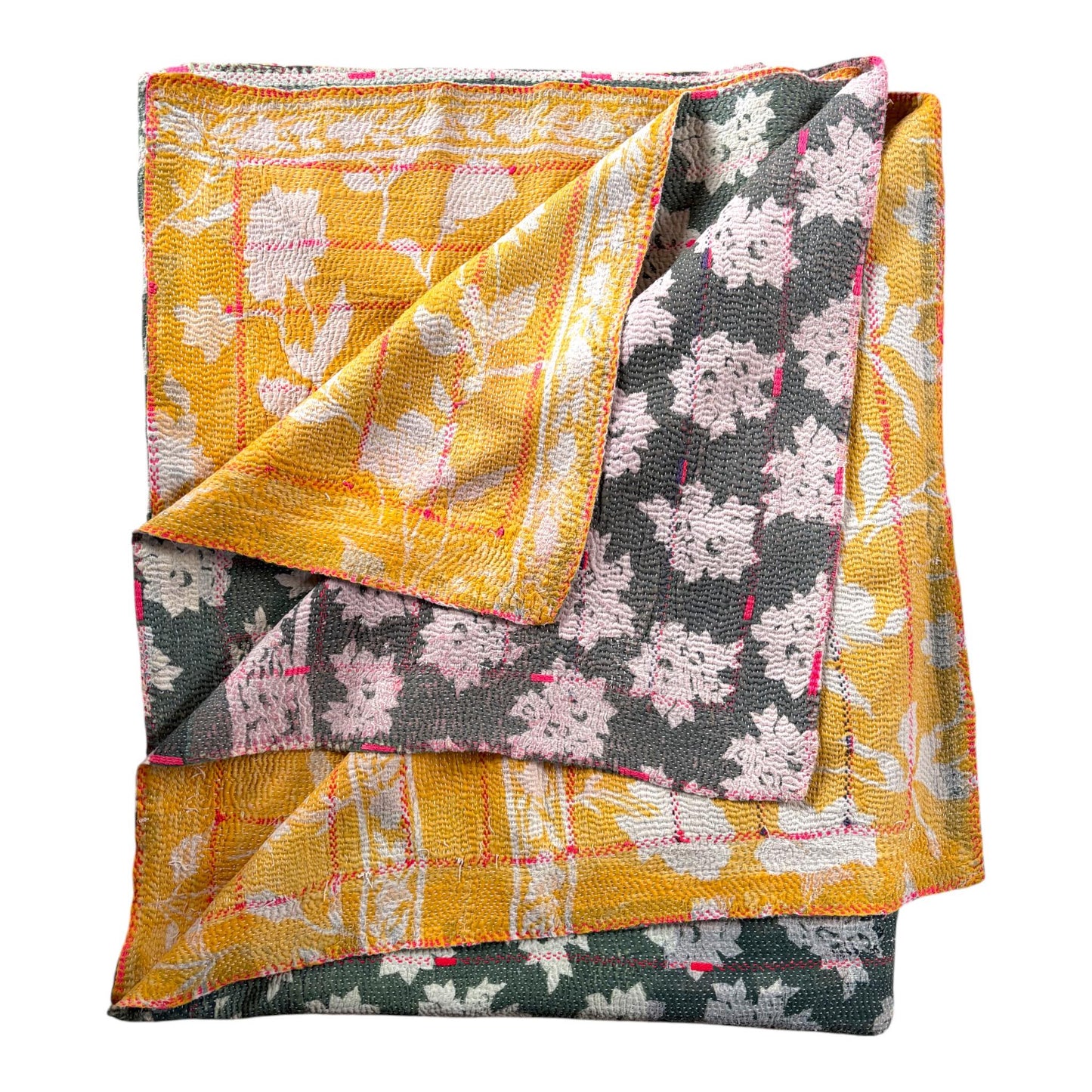 Green flower vintage kantha quilt 