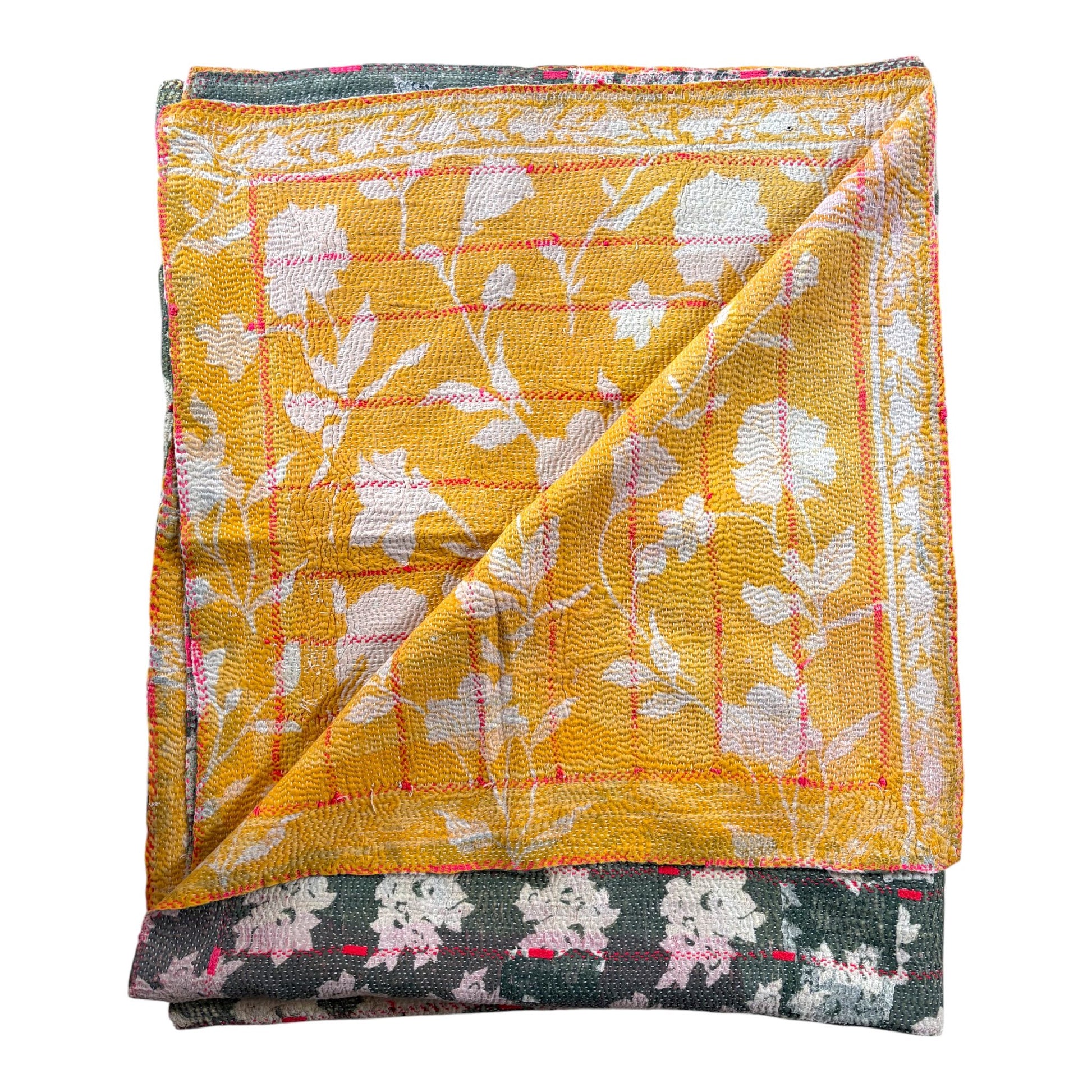 Reverse of green flower vintage kantha