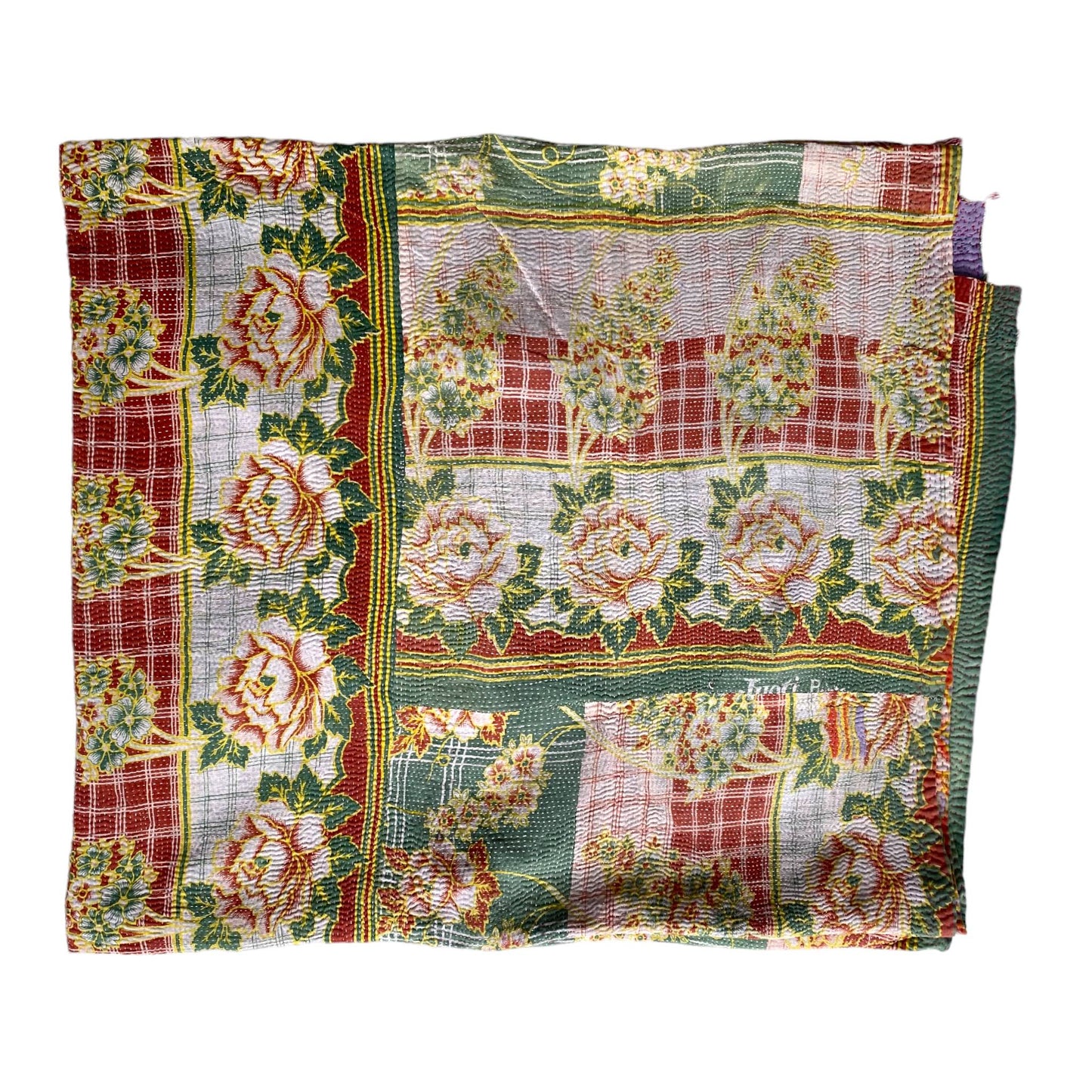 Green and ginger kantha quilt