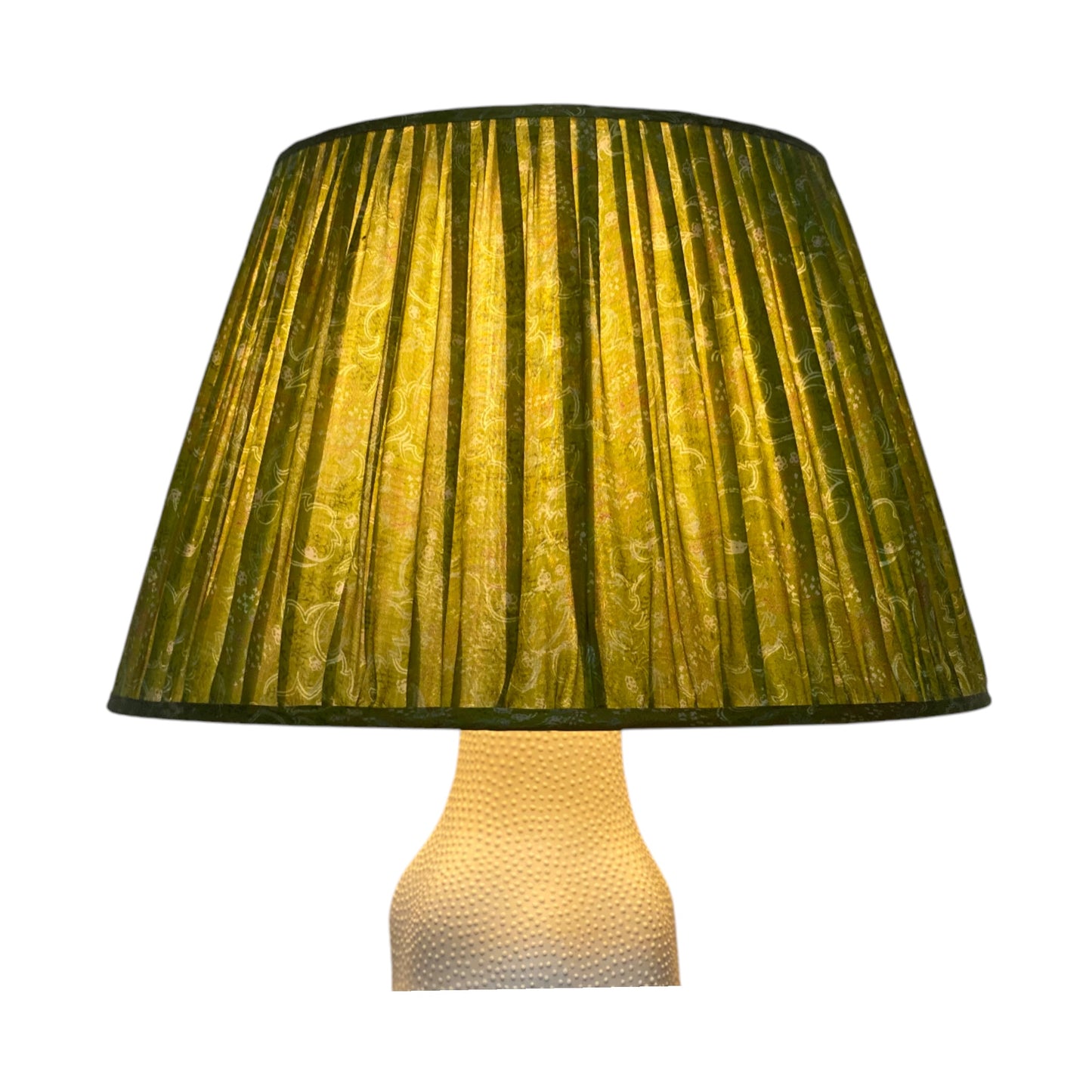 Bright green silk sari lampshade lit
