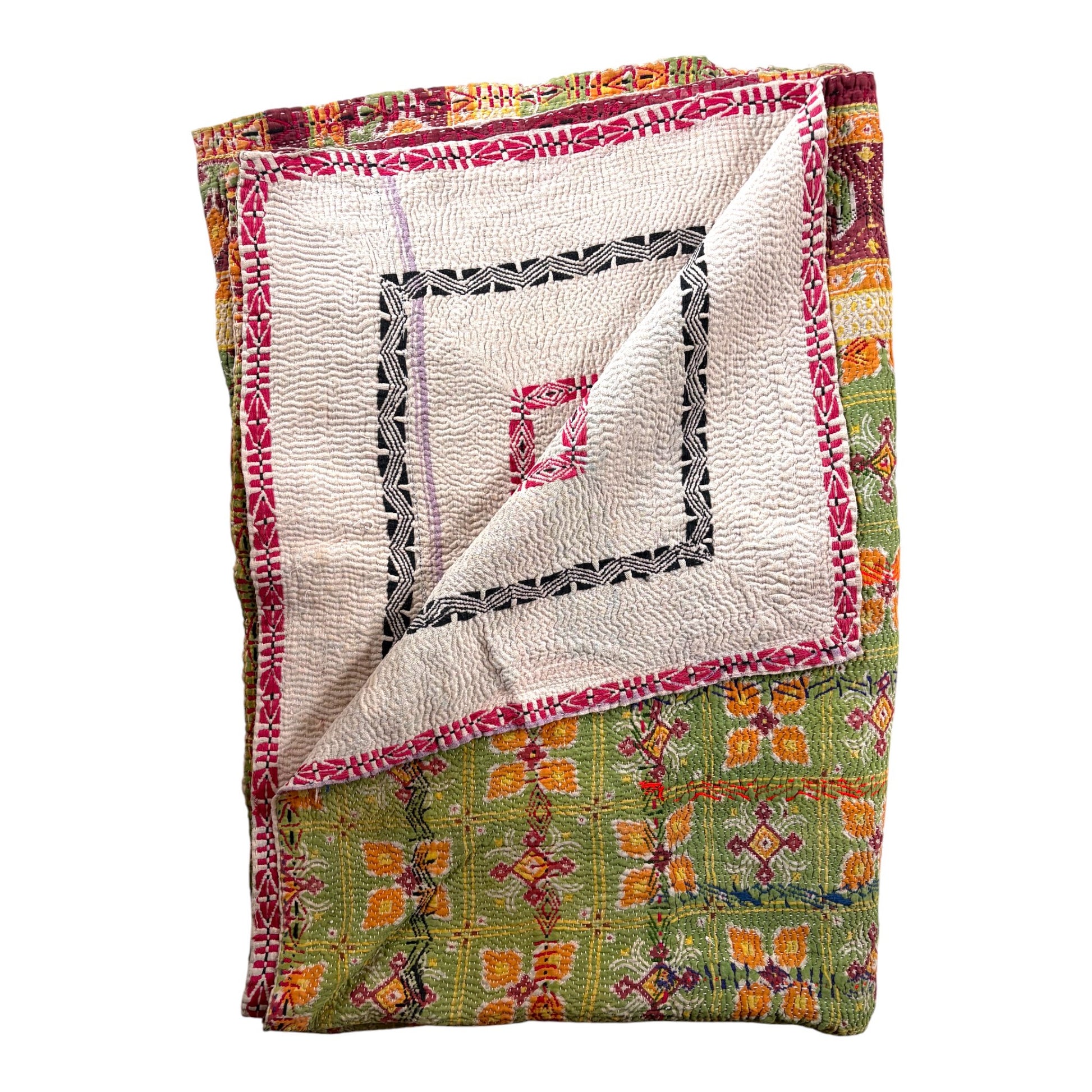 Green and orange kantha quilt