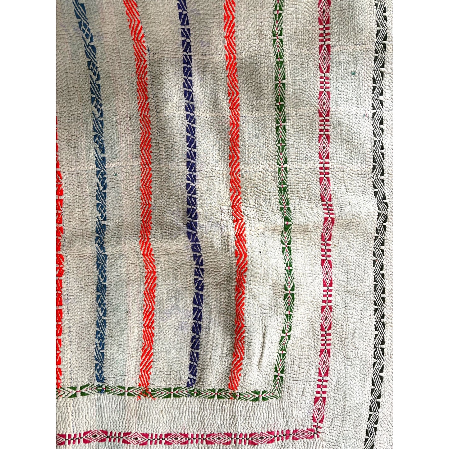 Reverse green and orange kantha quilt