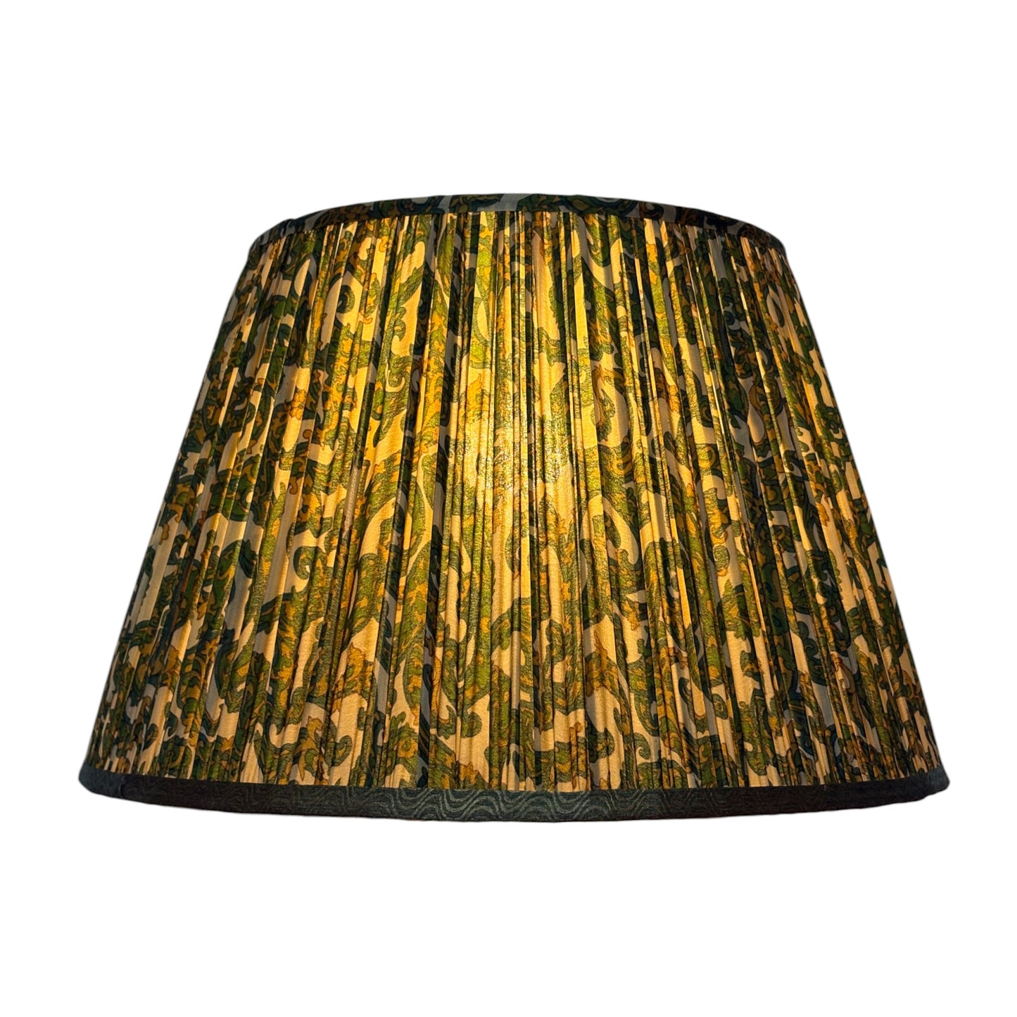 Green paisley silk sari lampshade lit