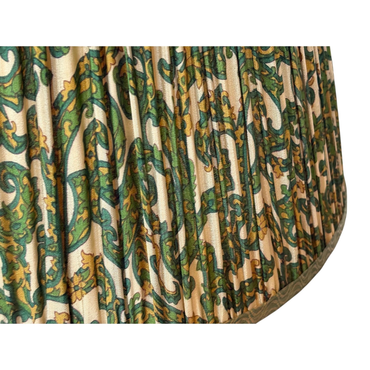 Green paisley vintage sari lampshade close up
