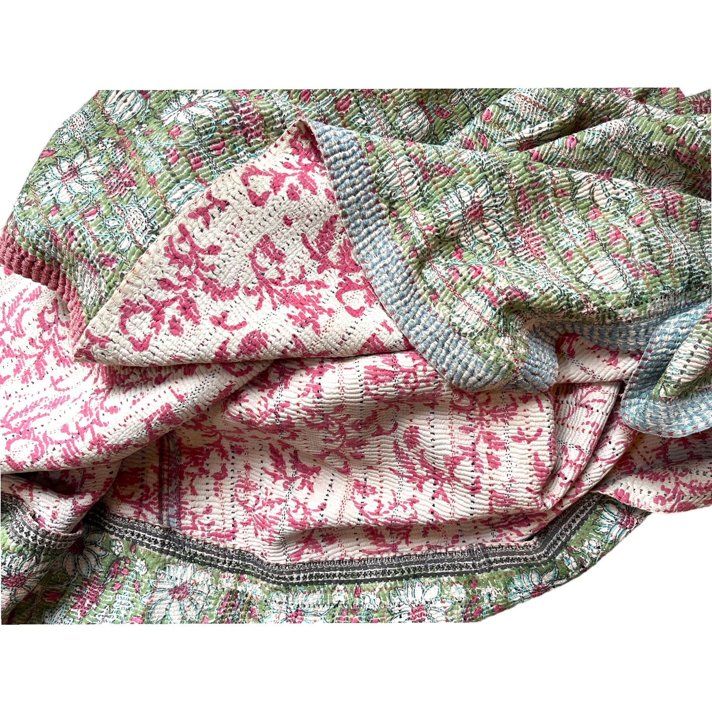 Block print pink and green kantha