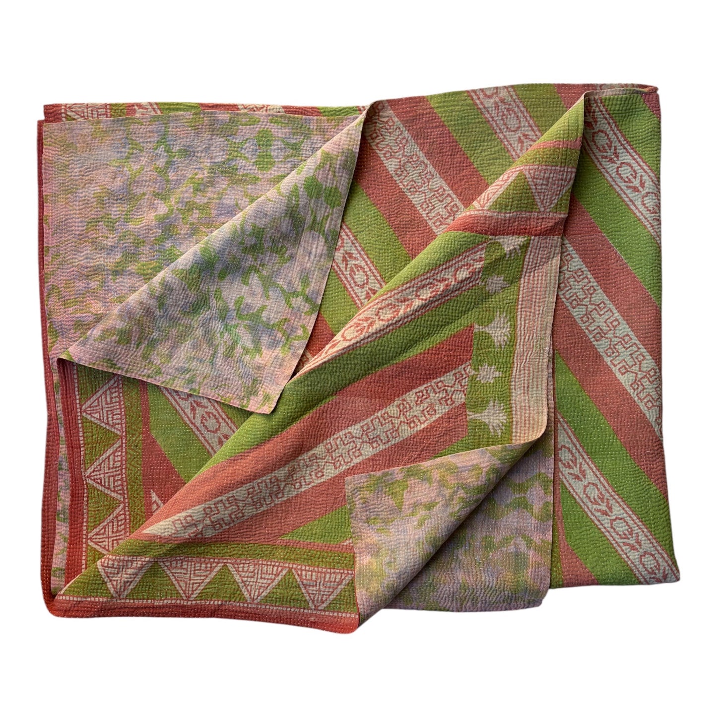 green and pink kantha quilt 