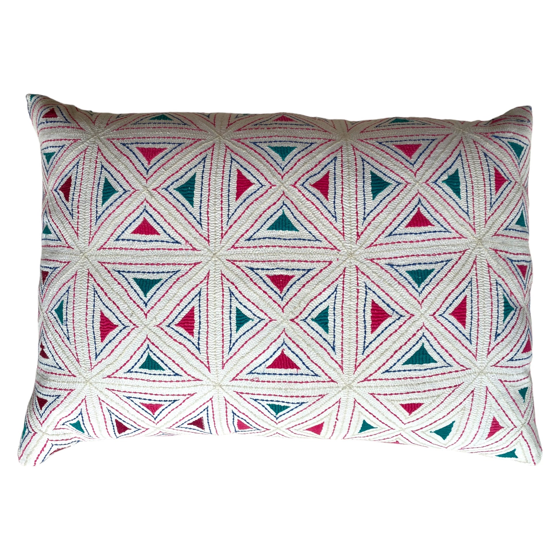 Green and pink triangles nakshi kantha cushion