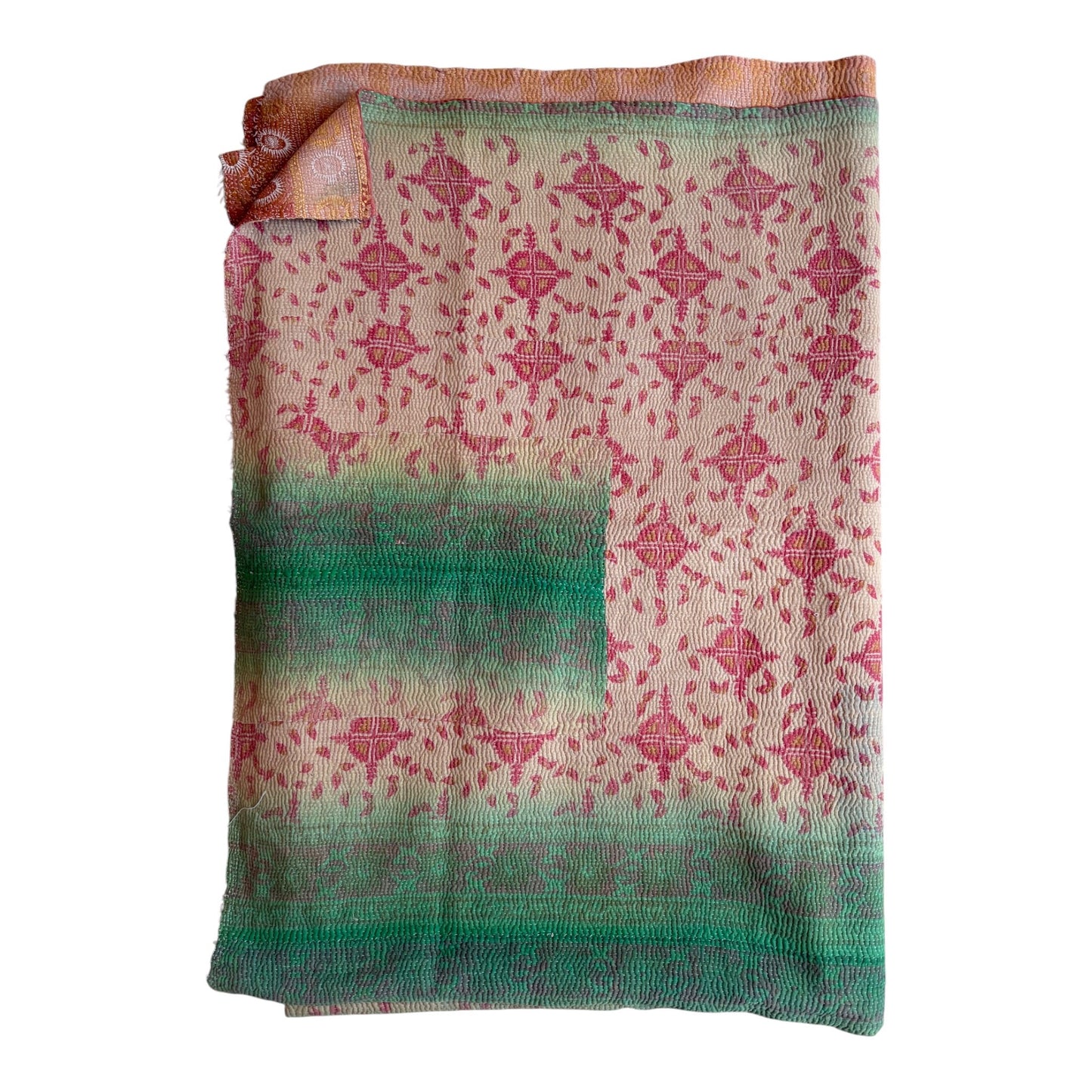 Green and red vintage kantha quilt