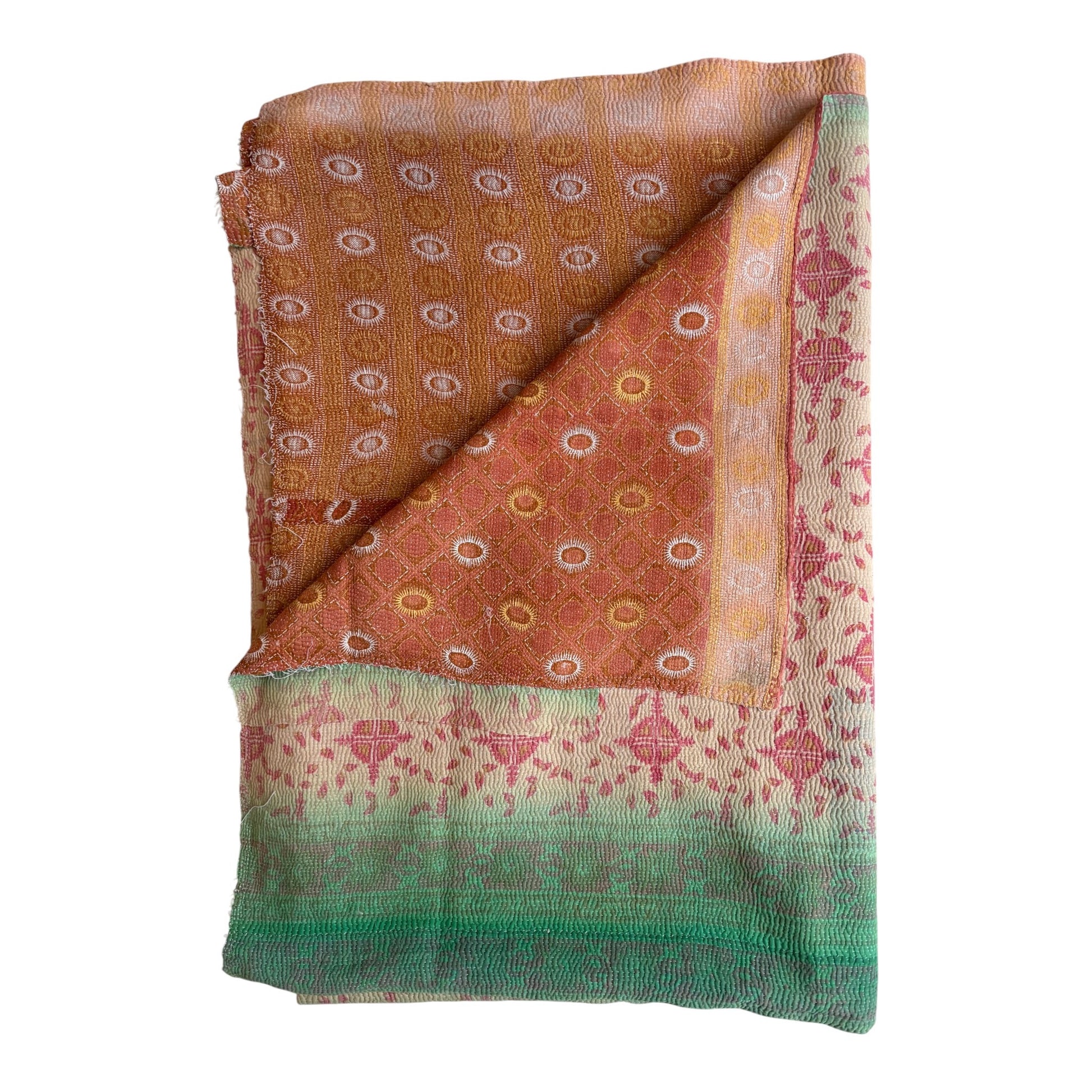 Vintage green and red kantha quilt
