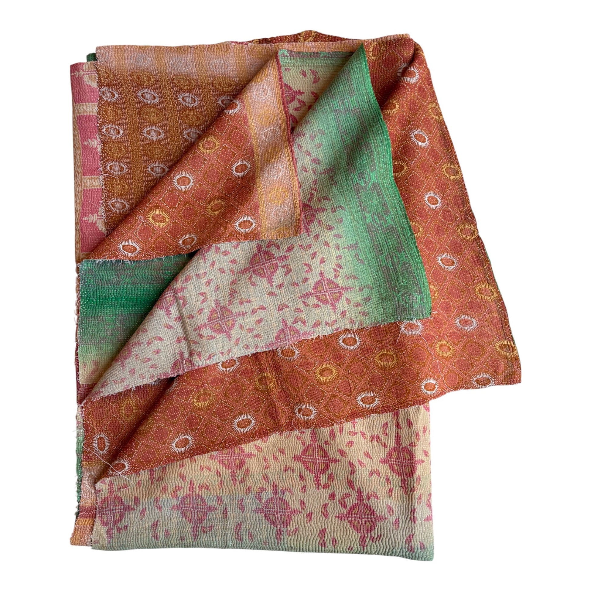 Red and green kantha quilt