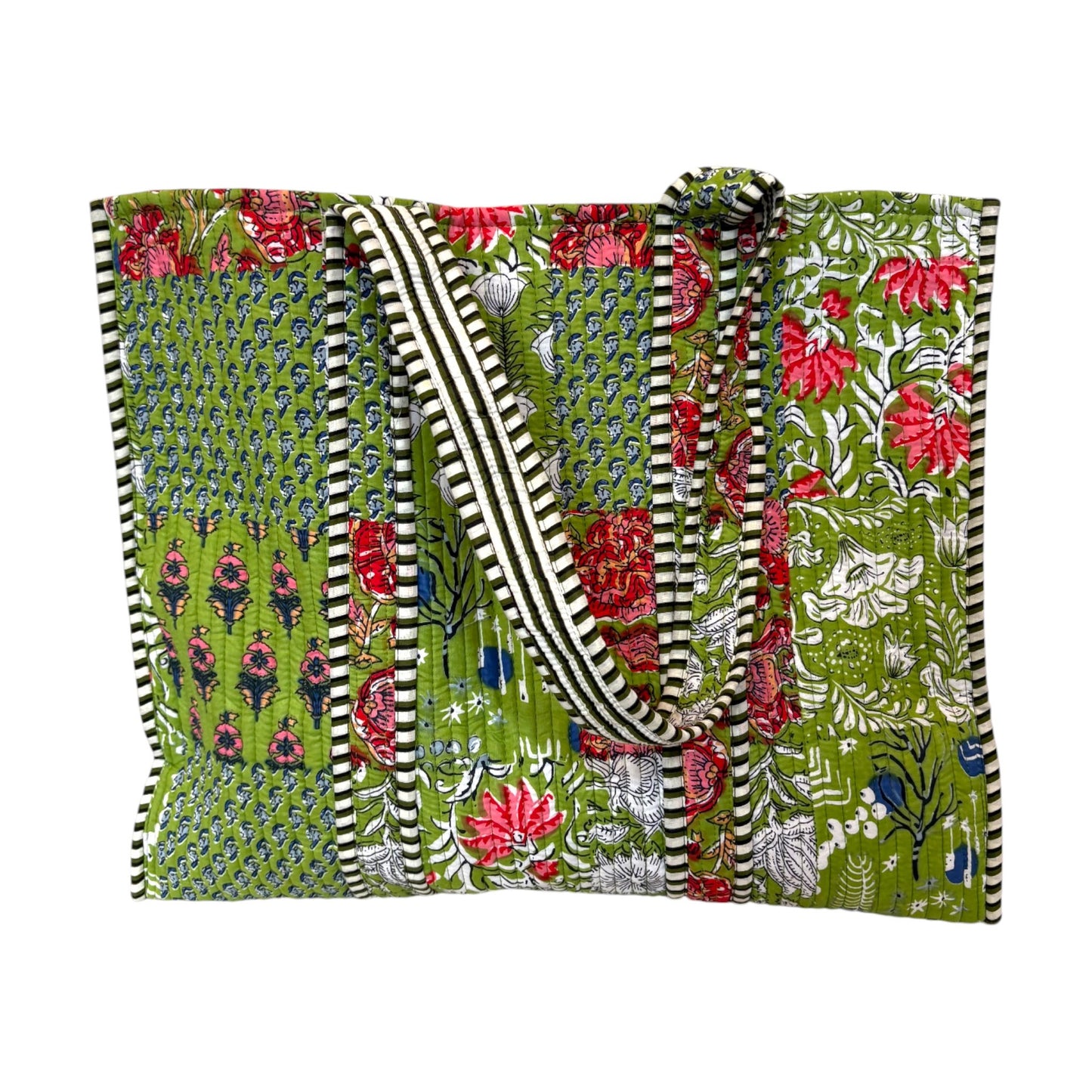 Green block printed quilted tote bag