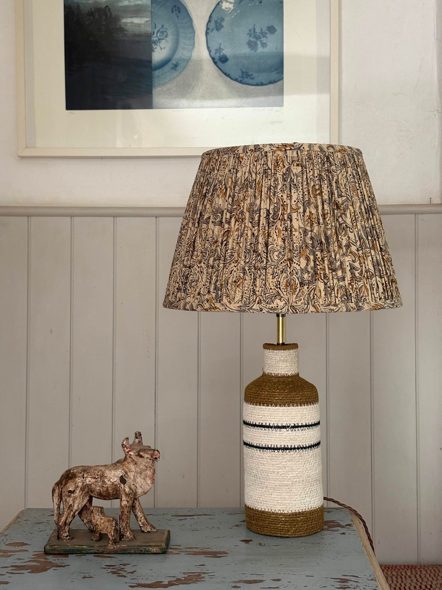 jute bottle table lamp with kalamkari cotton shade on table 