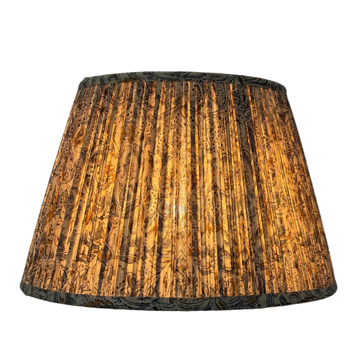 grey and ochre kalamkari cotton lampshade lit