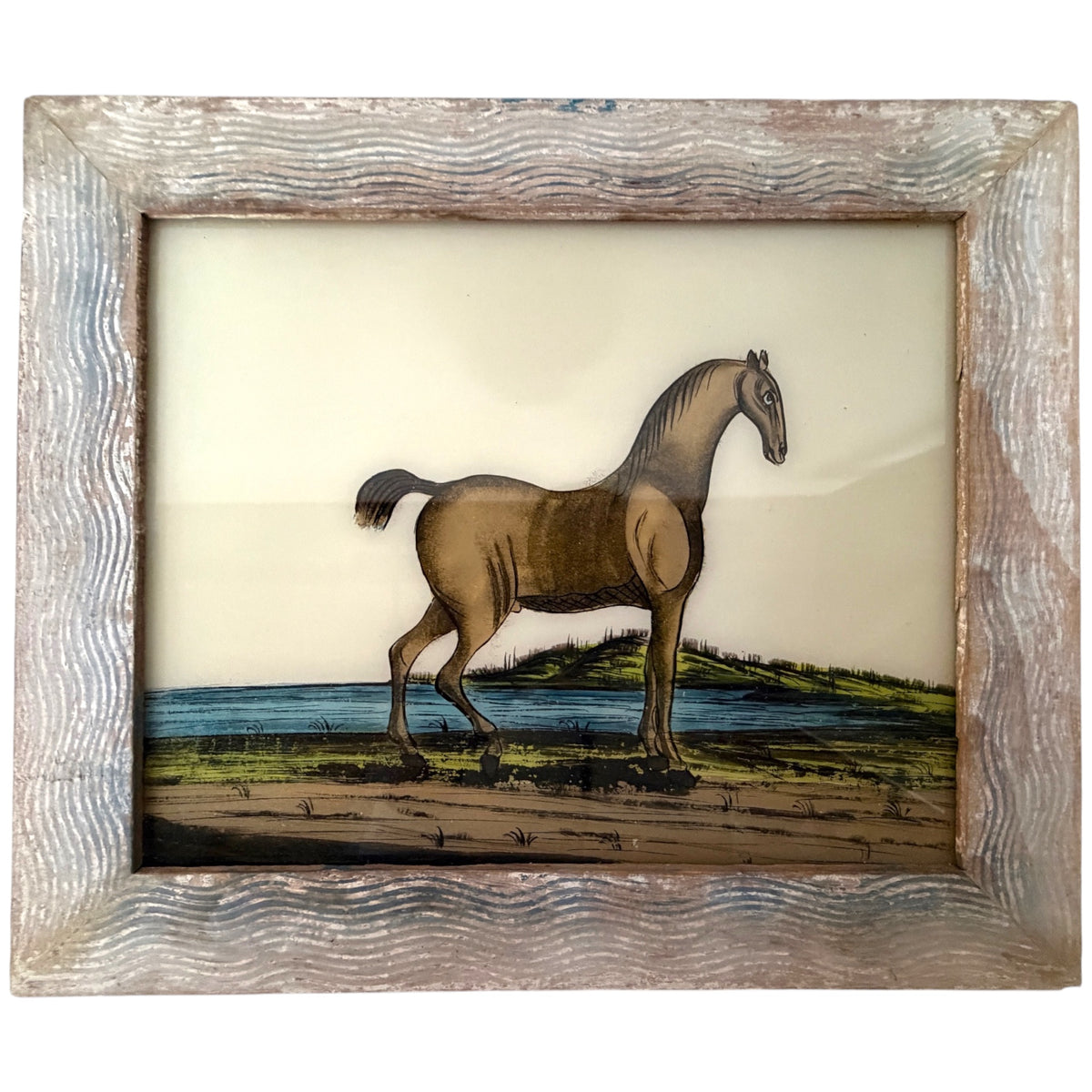 A square framed vintage-style artwork depicting a brown horse standing by a blue body of water, with a distressed whitewashed wood frame.