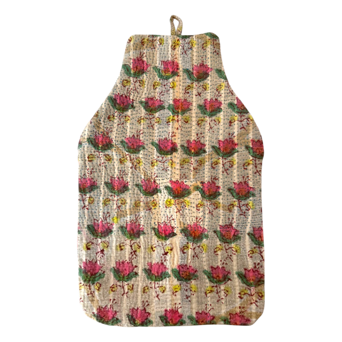 Kantha hot water bottle cover in lily print. Set on a white background. 