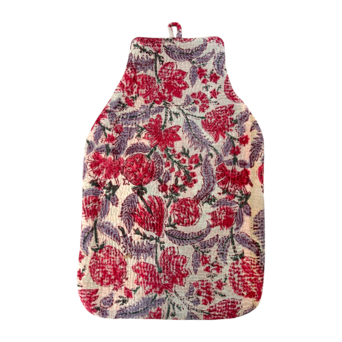 Kantha hot water bottle cover in pomegranate print. Set on a white background. 