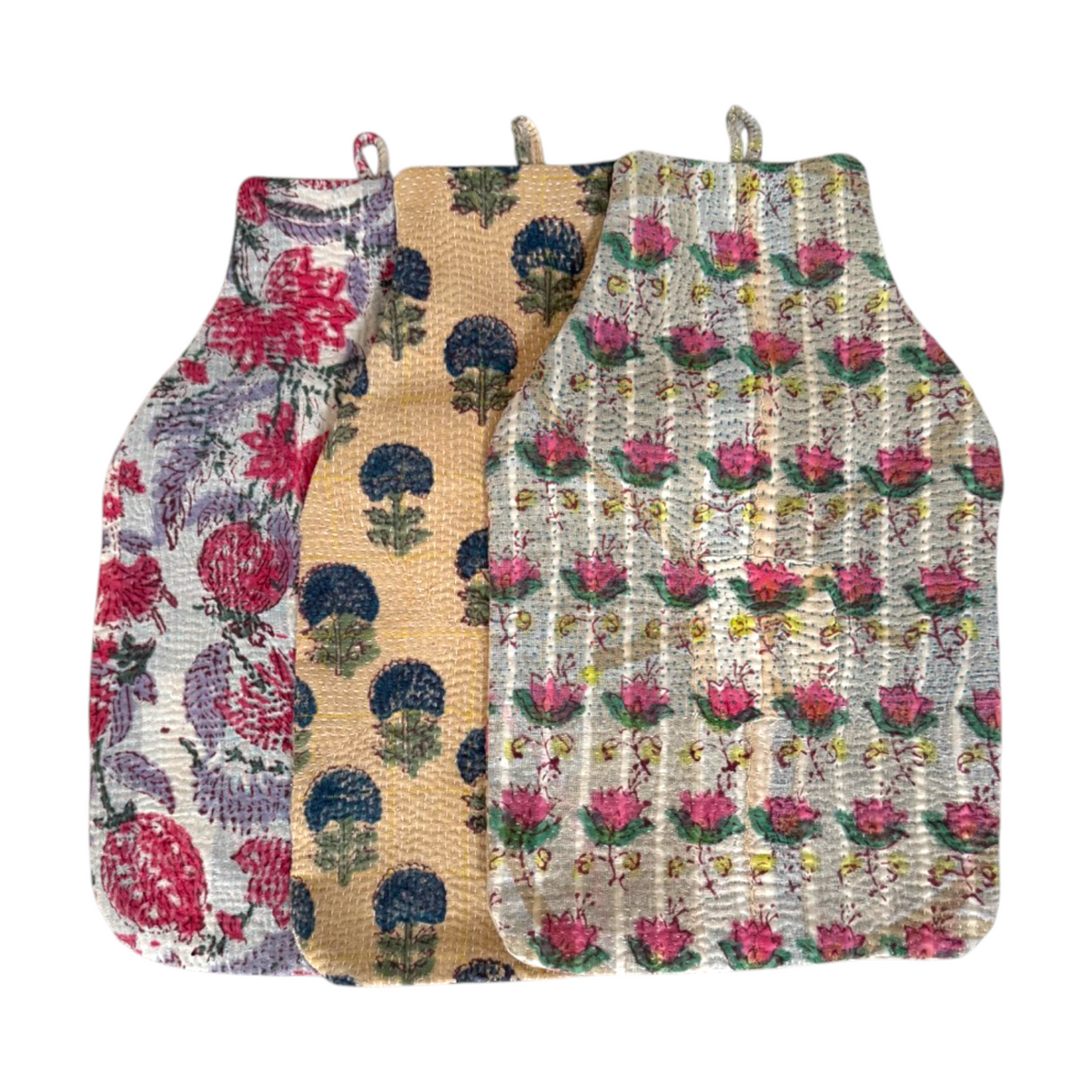 Trio of kantha hot water bottle covers. 3 prints to choose from. Thistle, Lily or Pomegranate. 