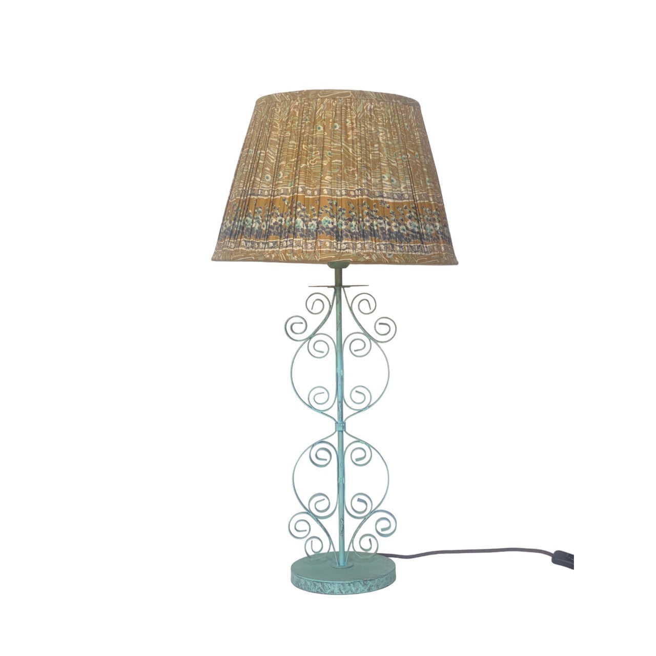 Manali curly table lamp with khaki peacock lampshade