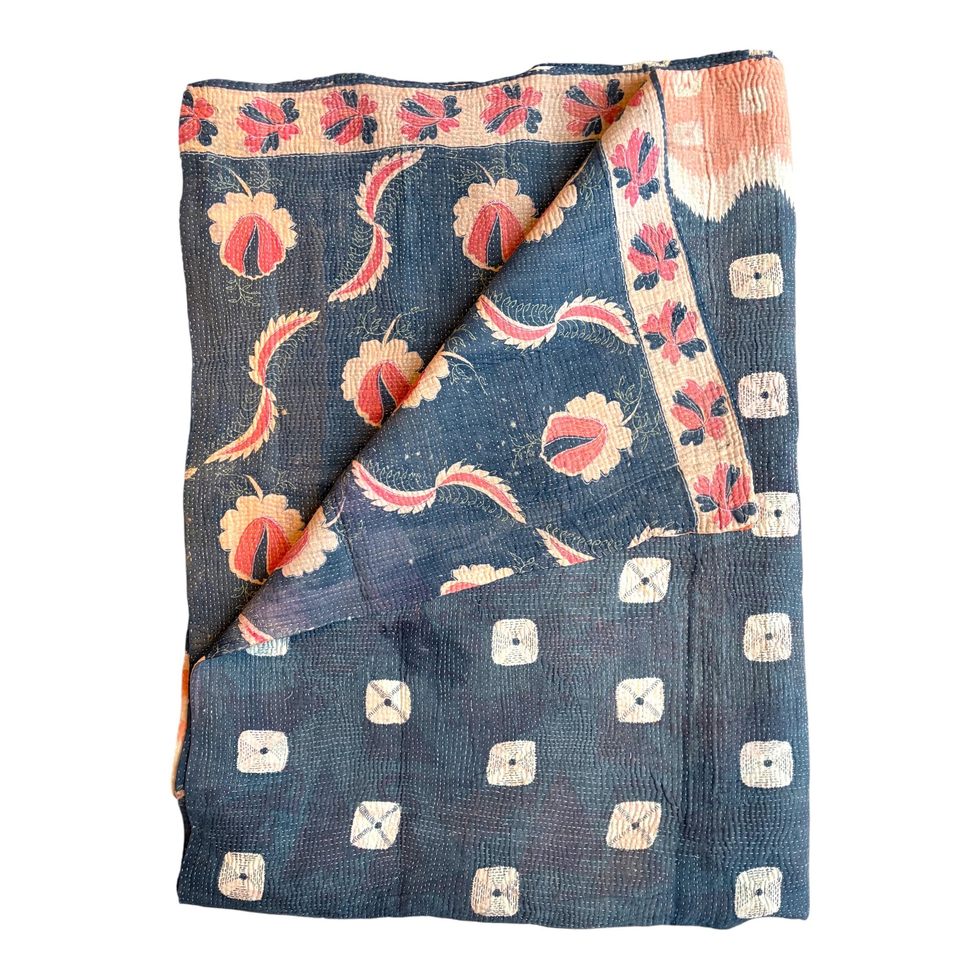 Indigo and pink kantha quilt