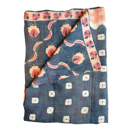 Indigo and pink kantha quilt