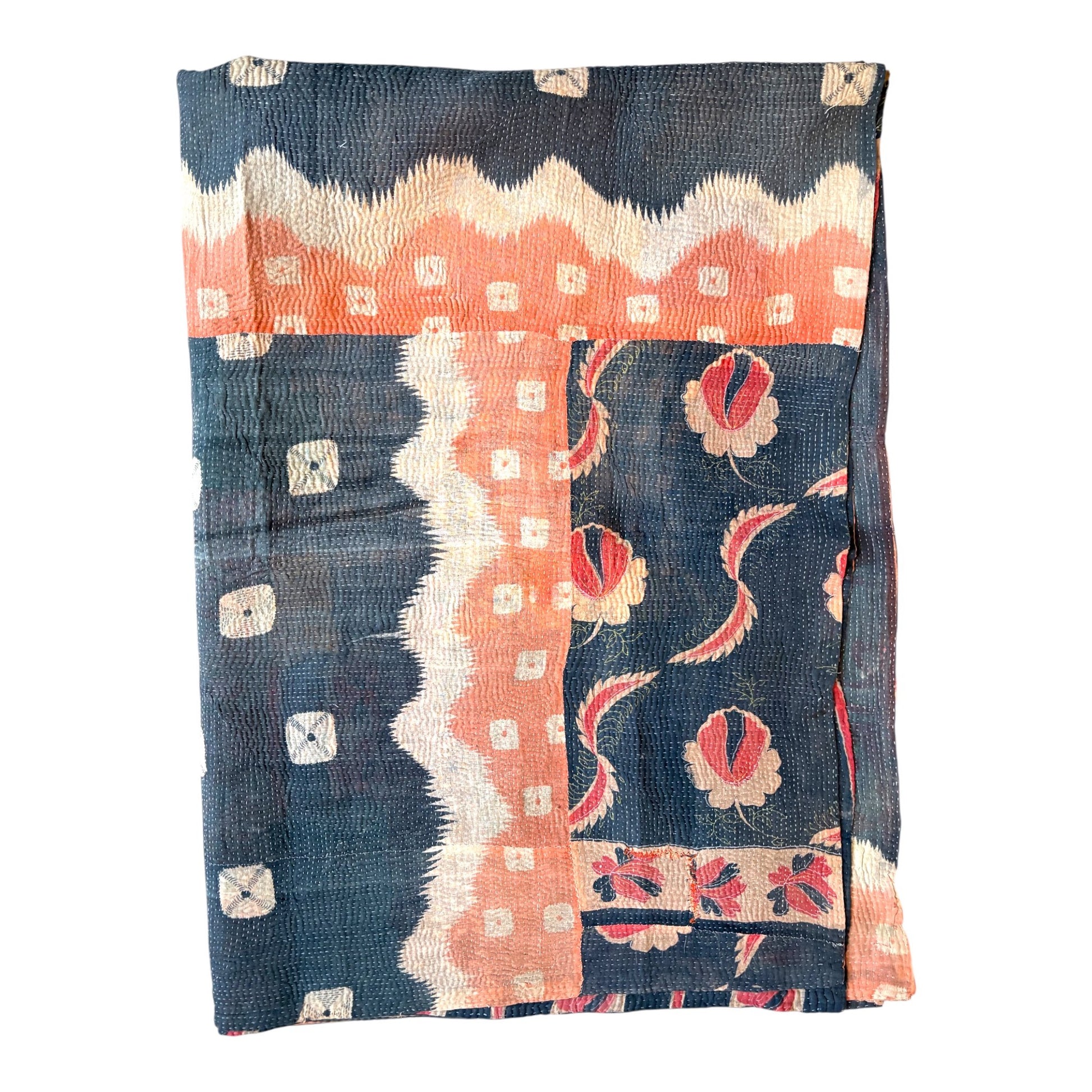 Indigo and pink vintage kantha quilt