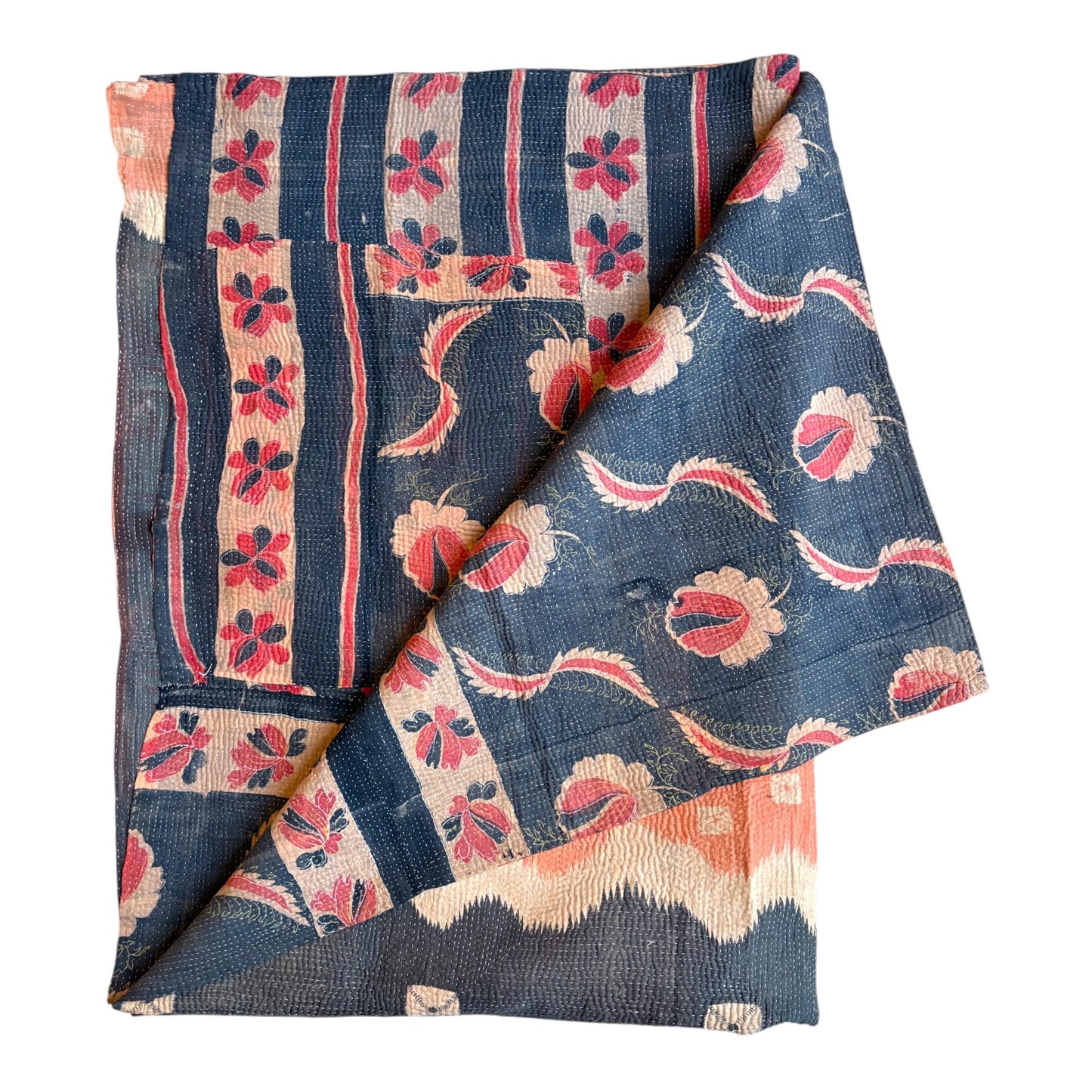 Pink and indigo kantha quilt