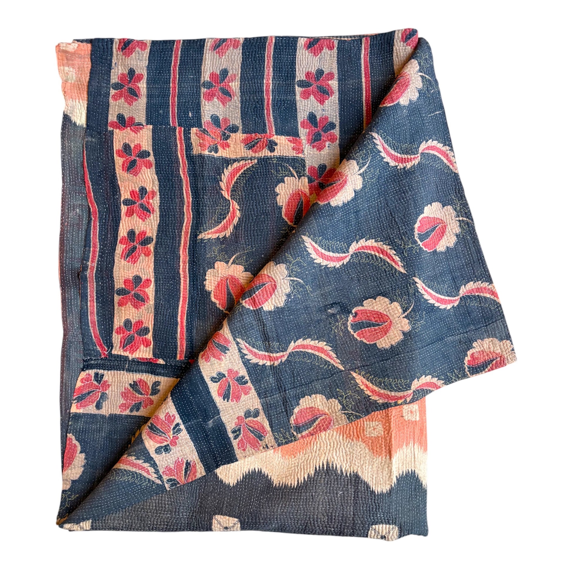 Pink and indigo kantha quilt