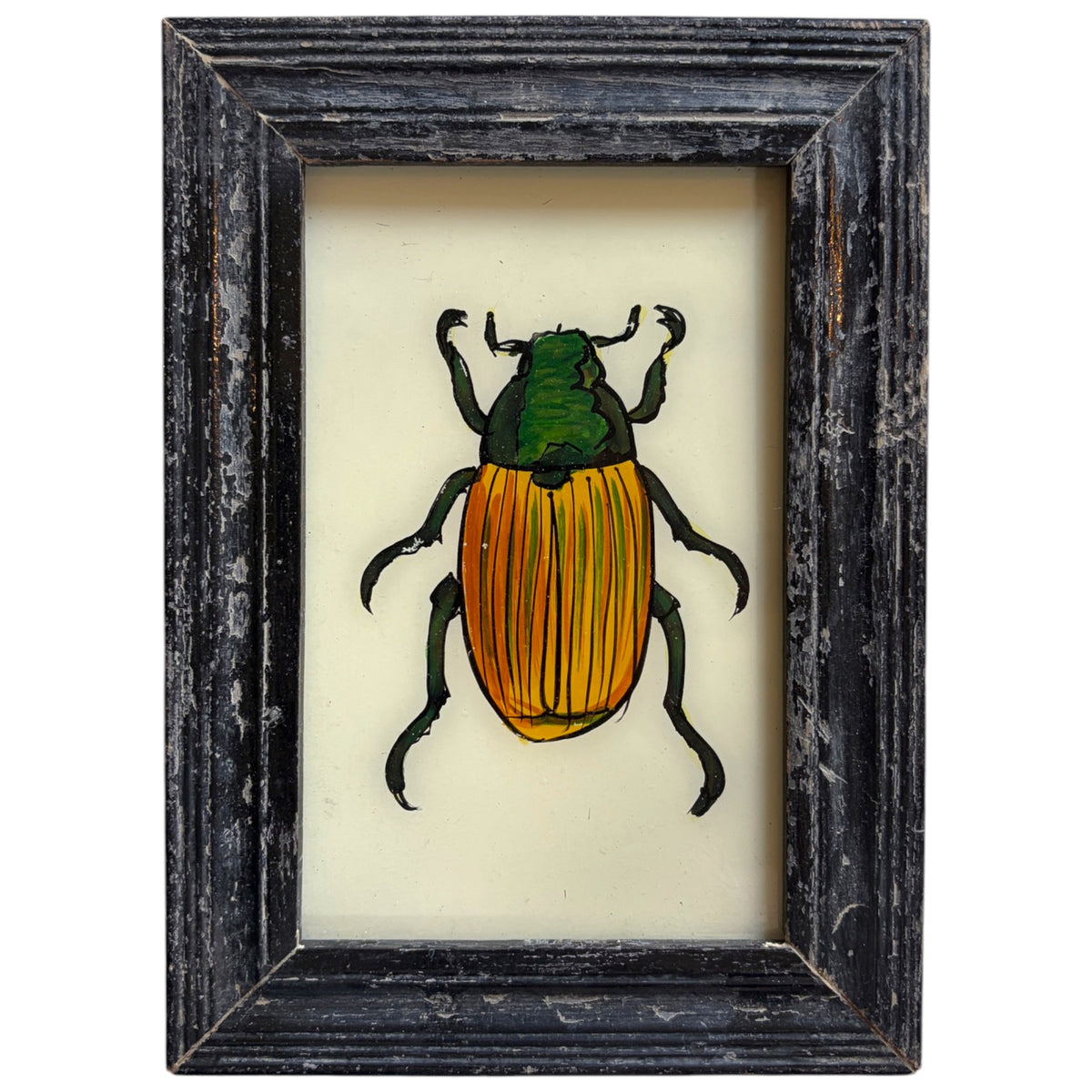 Framed beetle illustration art print featuring a green and orange beetle on an off-white background, enclosed in a distressed black wooden frame.