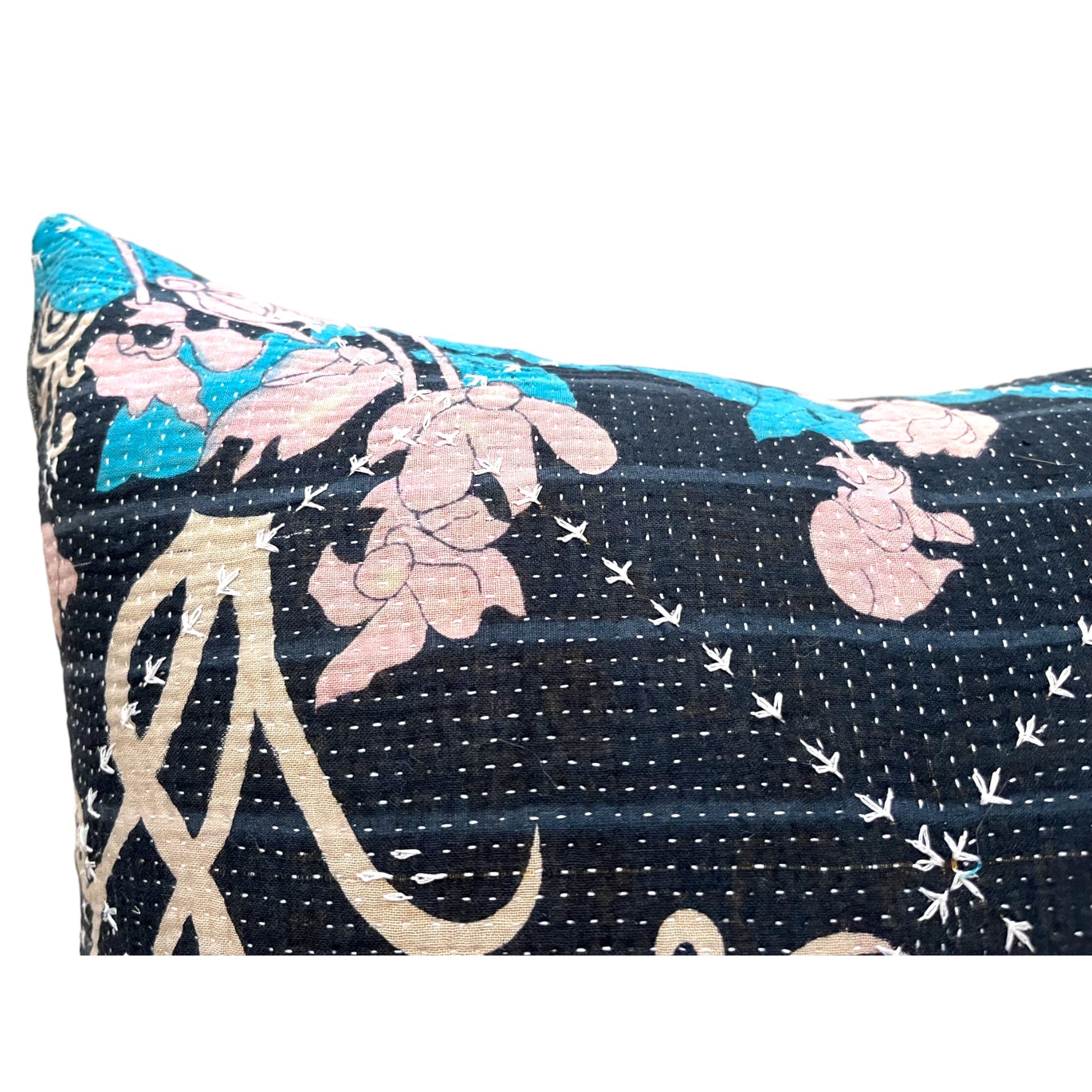 Close up navy kantha cushion