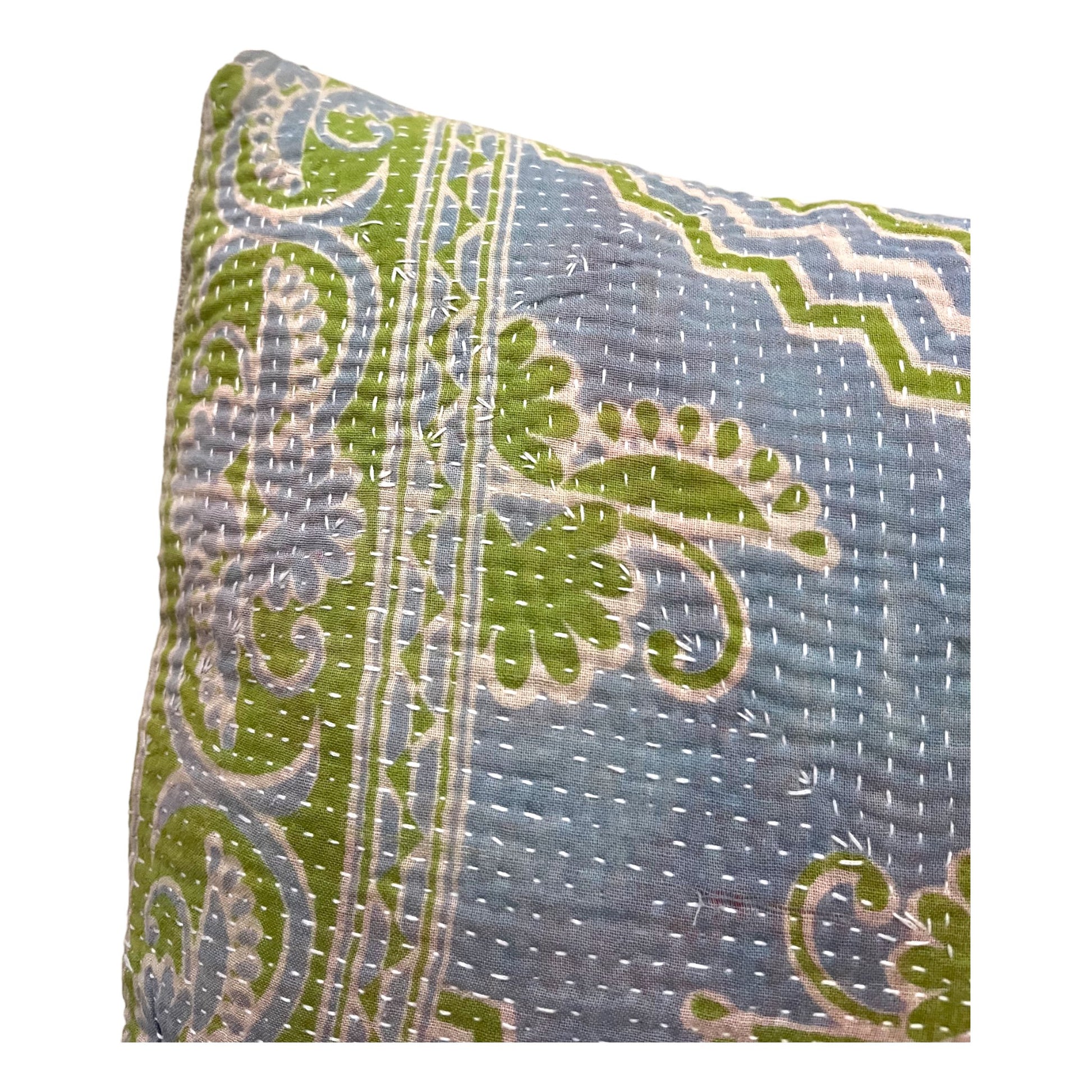 Green and blue kantha cushion closeup