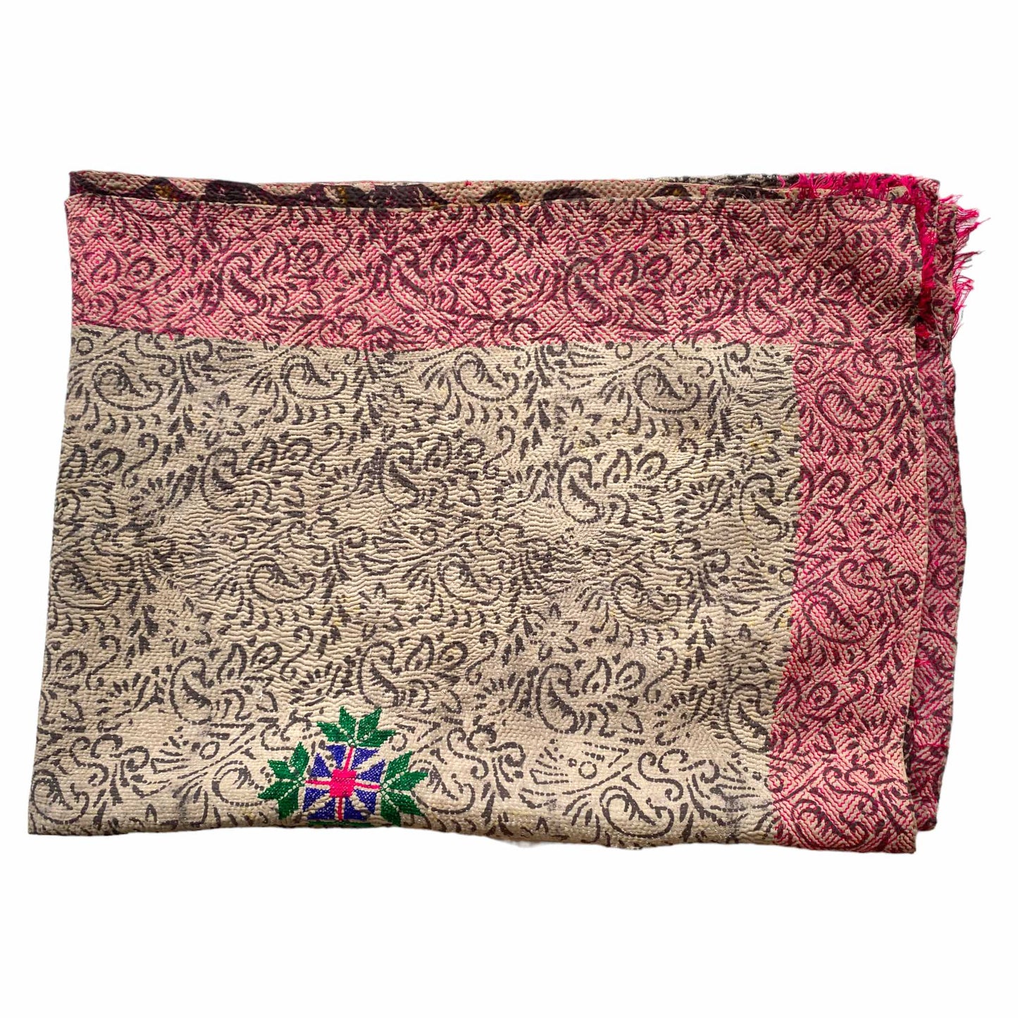 Block print khaki with pink border kantha