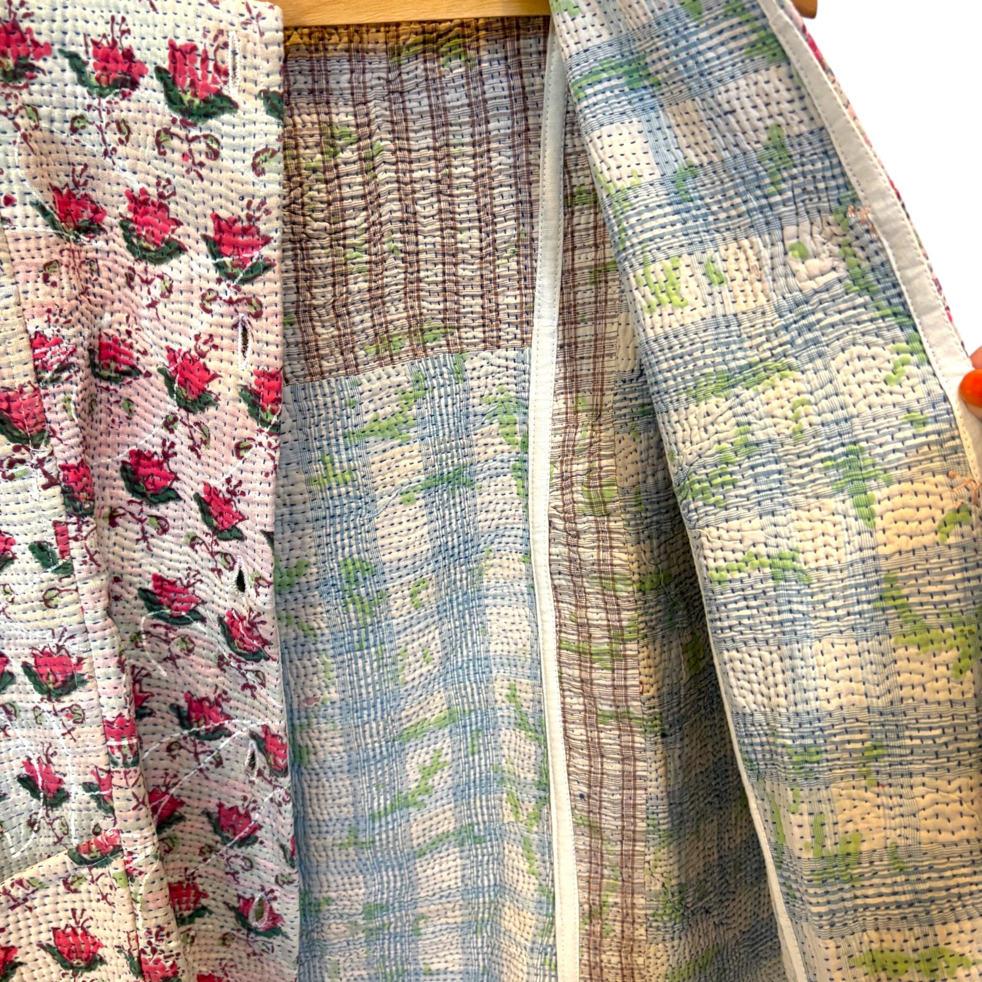 close up rose kantha gilet