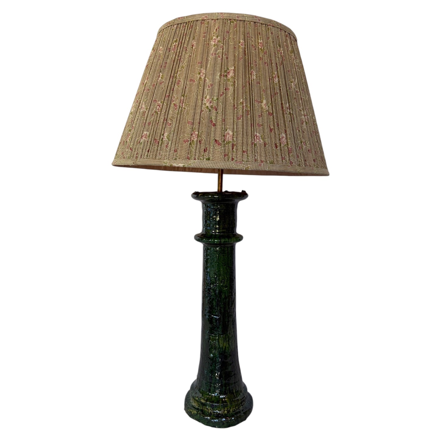 Large Tamegroute lamp, 61cm high, with green glazed ceramic candlestick base, shown styled with gathered floral shade (sold separately).