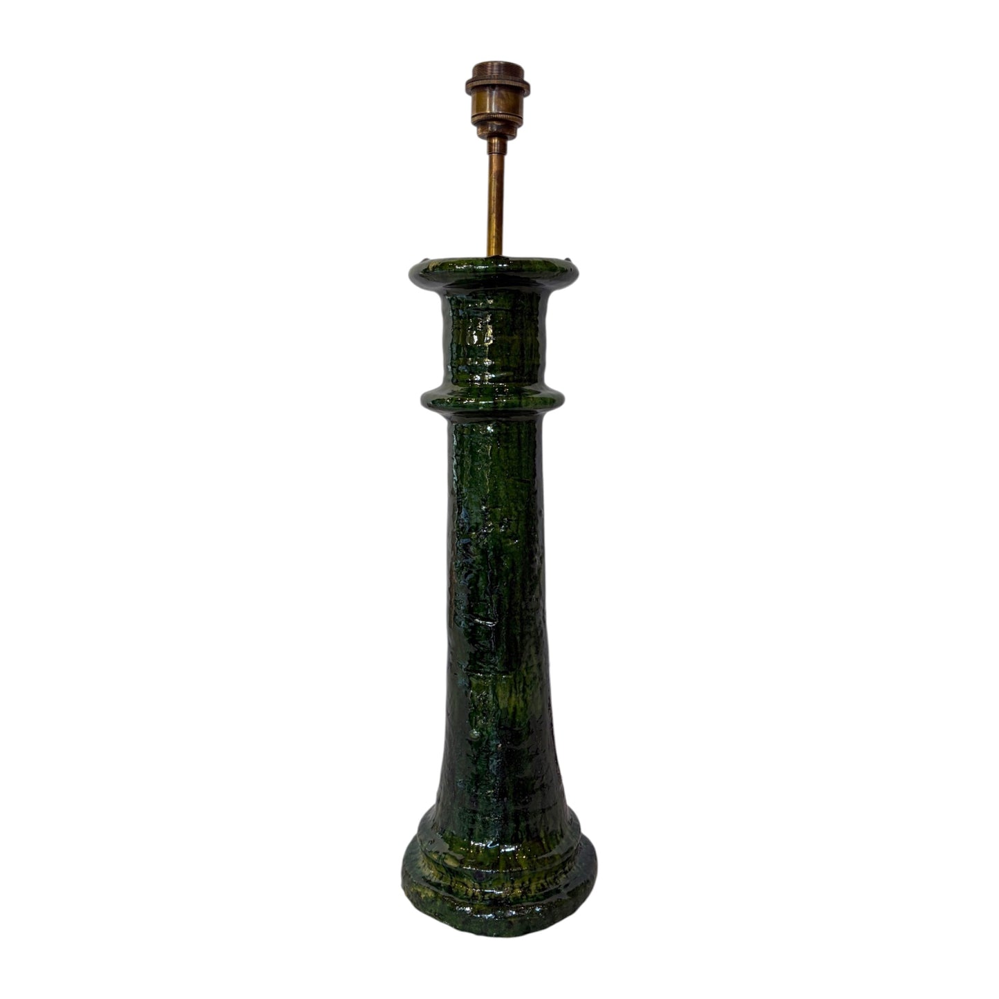 Large Tamegroute candlestick lamp base in green glazed Moroccan ceramic, 61cm high, shown without shade.
