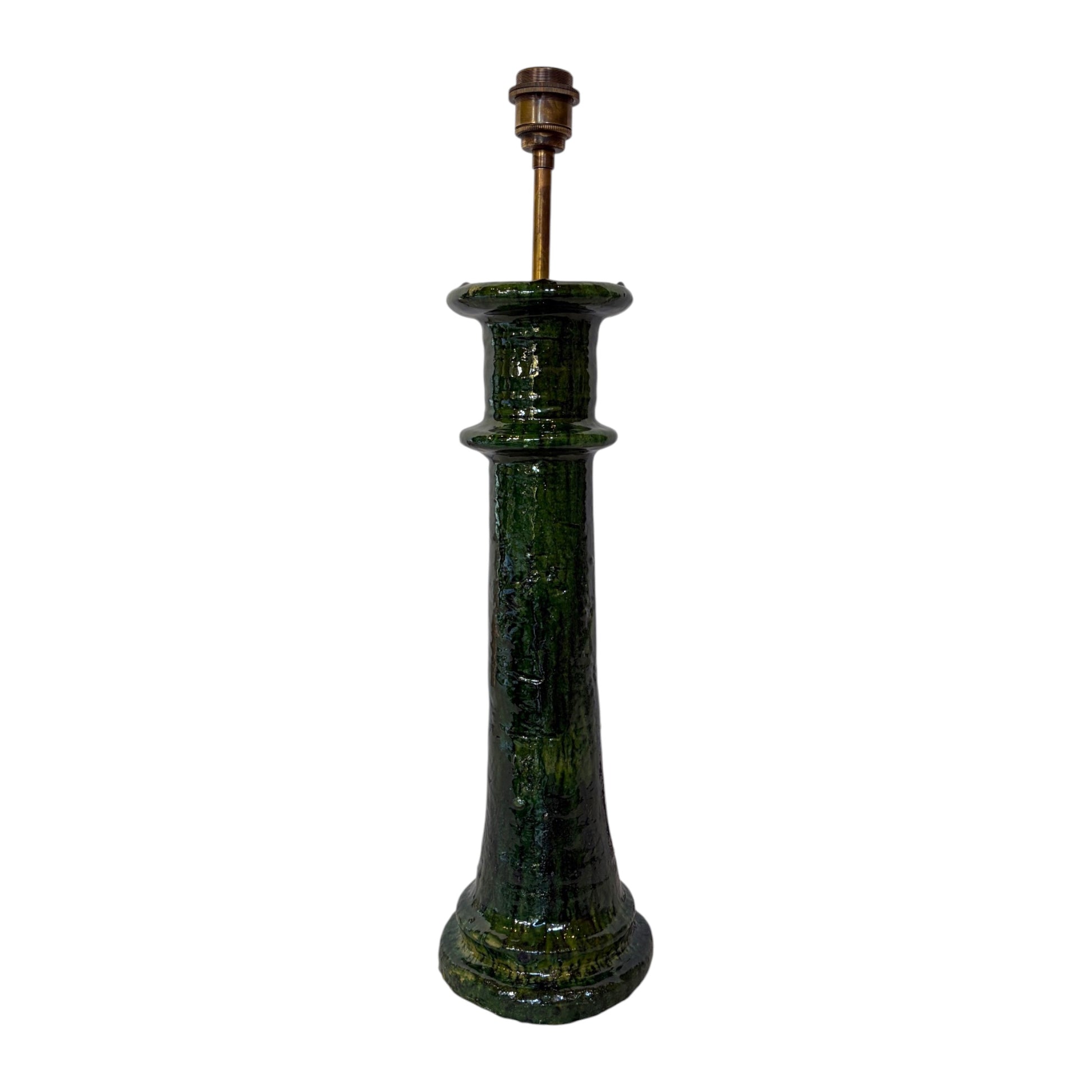 Large Tamegroute candlestick lamp base in green glazed Moroccan ceramic, 61cm high, shown without shade.