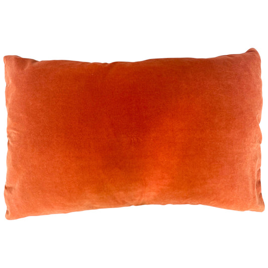 Back view of large rectangular Swat Valley Wedding Cushion, showing soft orange velvet material.