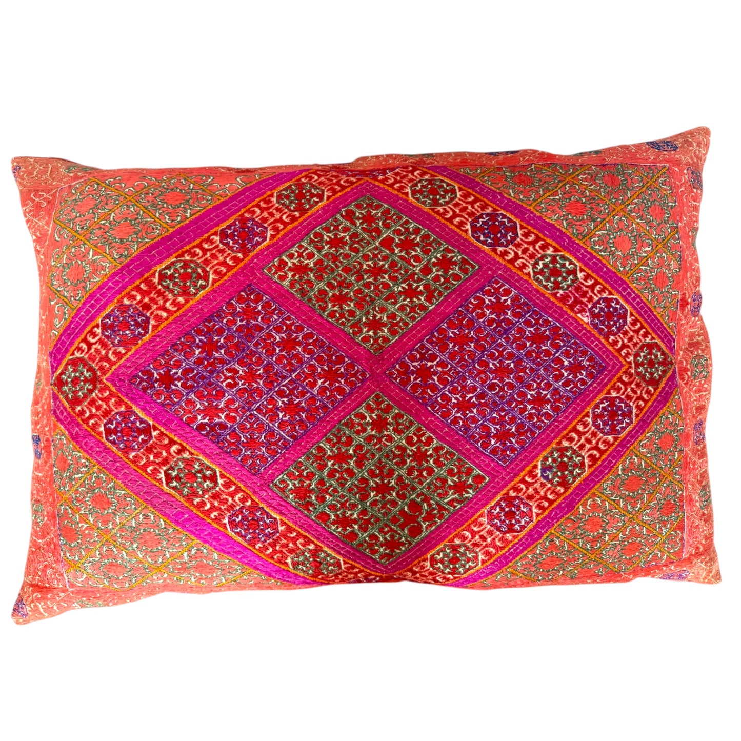 Large Swat Valley wedding cushion with magenta and red silk embroidered diamond grid pattern, coral border.