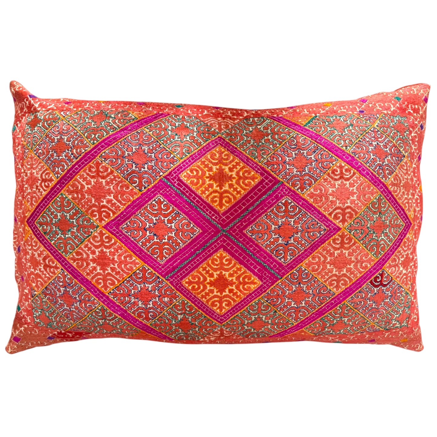 Large rectangular Swat Valley wedding cushion, front view, orange and pink diamond medallion silk embroidery.
