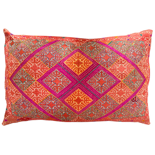 Large rectangular Swat Valley wedding cushion, front view, orange and pink diamond medallion silk embroidery.