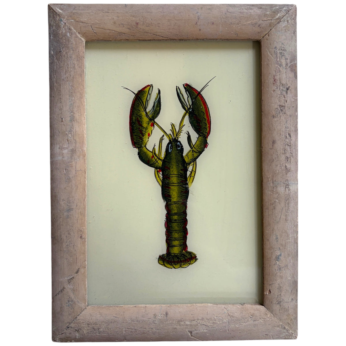 A framed lobster art print featuring a detailed illustration of a green lobster with red accents on a cream background, enclosed in a rustic, distressed light brown wooden frame.