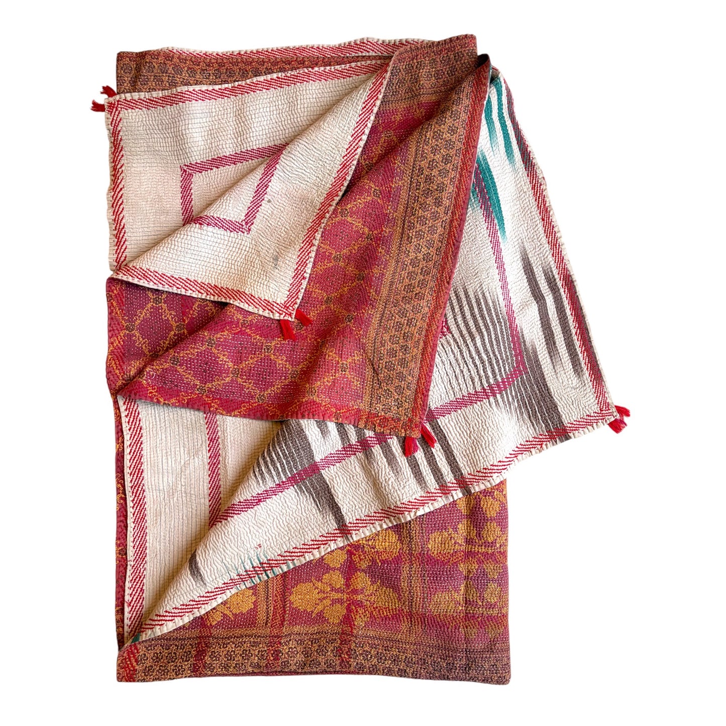 yellow and magenta kantha quilt