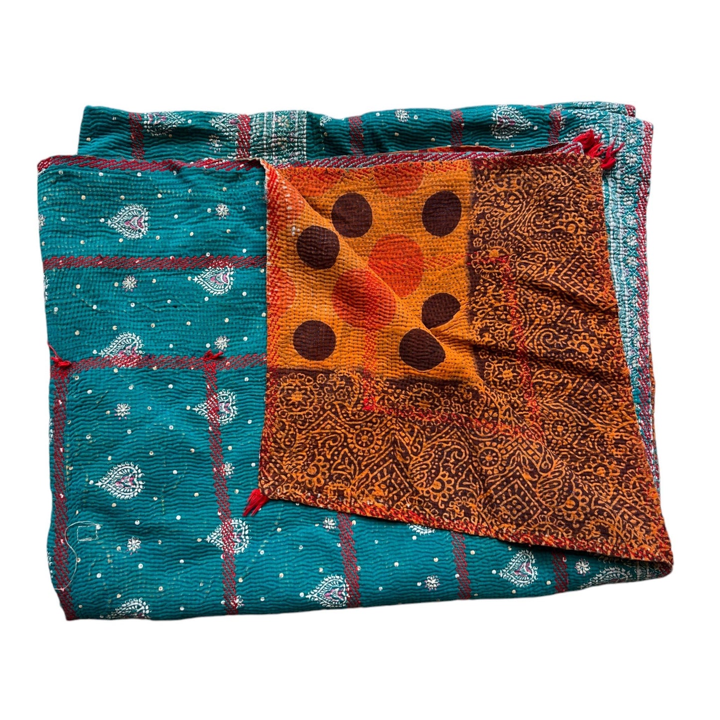 Malachite and orange kantha quilt