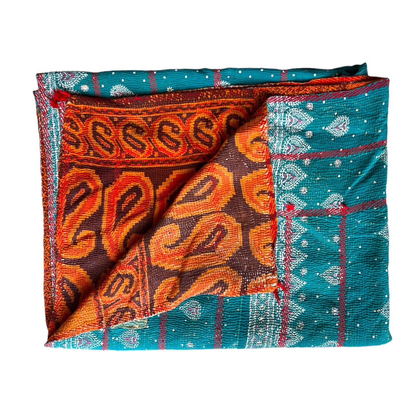 Malachite and orange kantha quilt