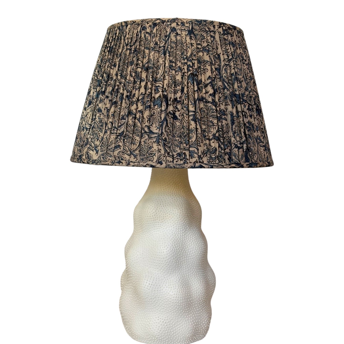 Marine blue kalamkari lampshade on Iki lamp