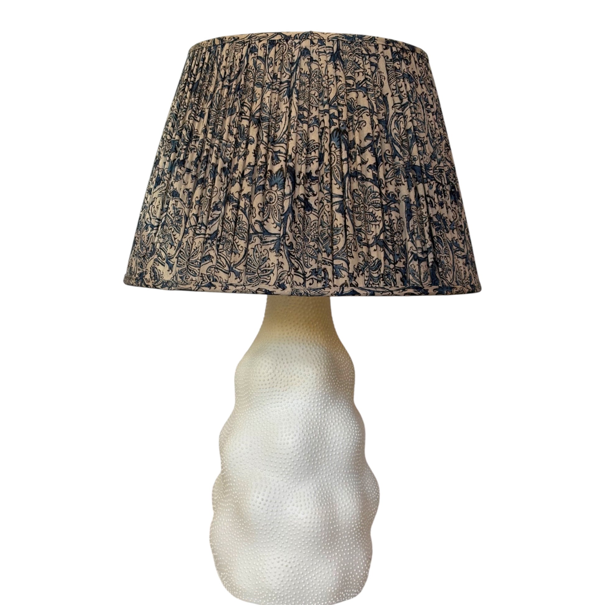 Marine blue kalamkari lampshade on Iki lamp