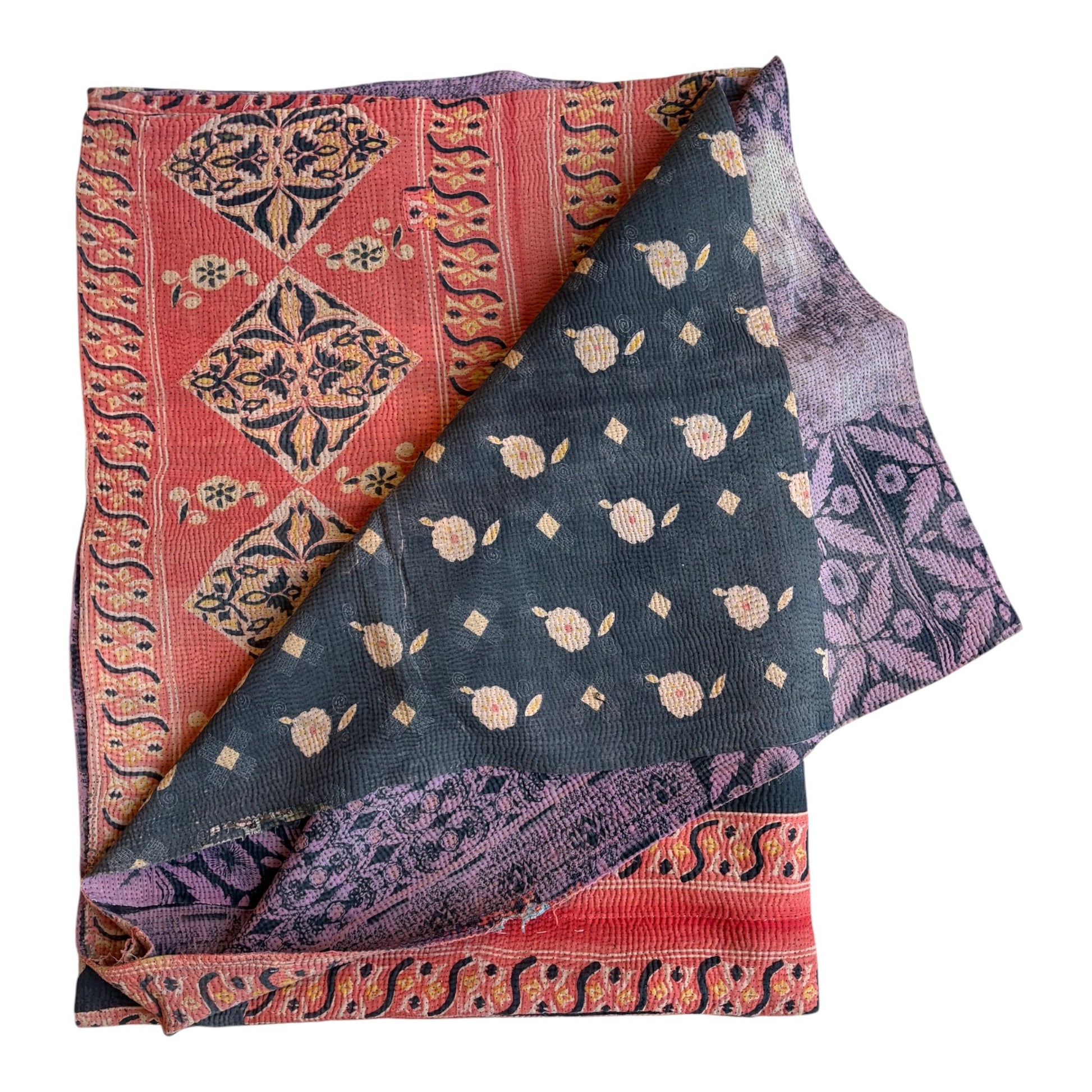 Marine blue and pink kantha quilt