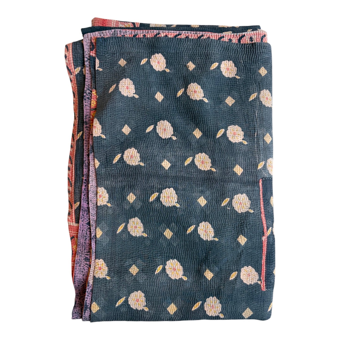 Marine blue and pink kantha quilt