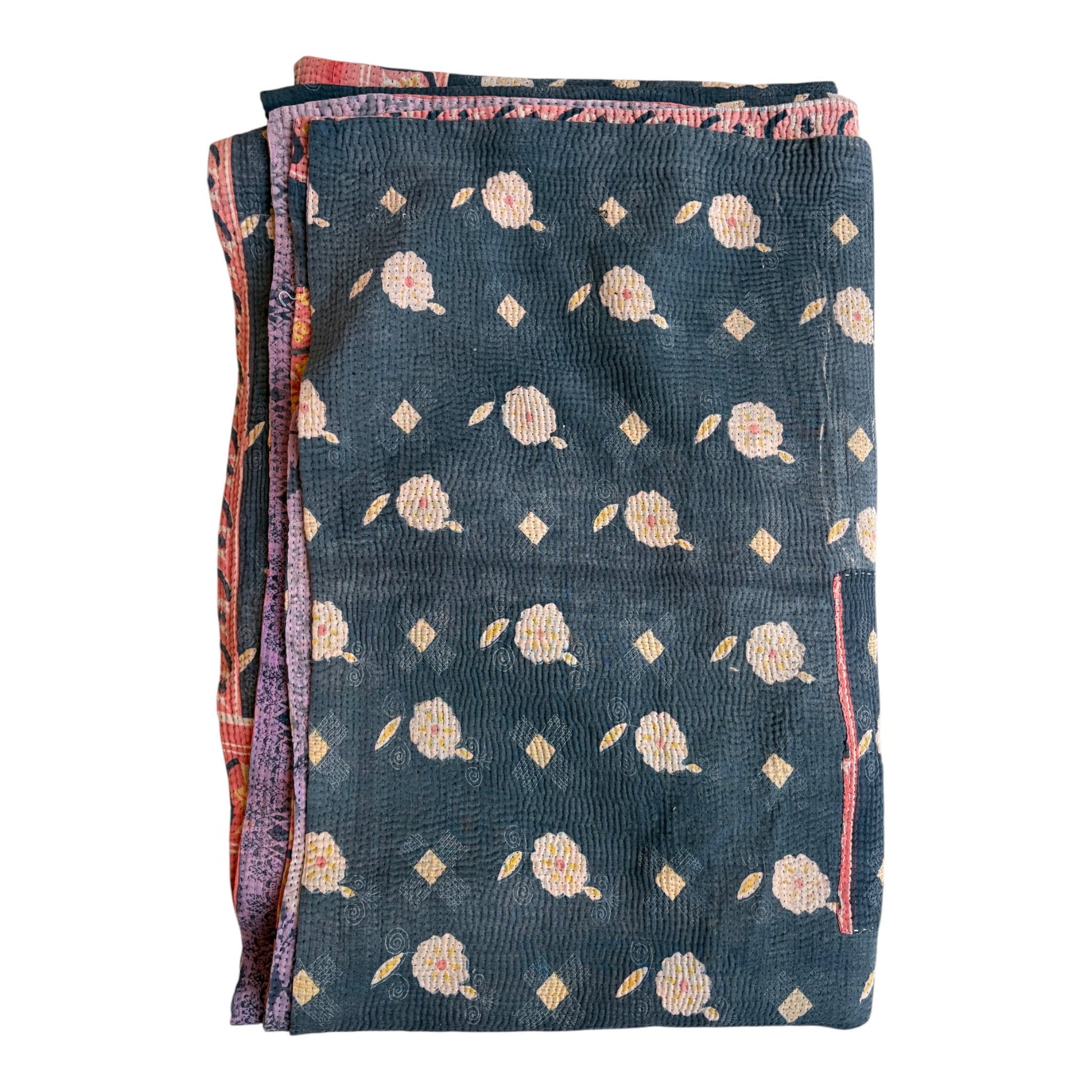 Marine blue and pink kantha quilt