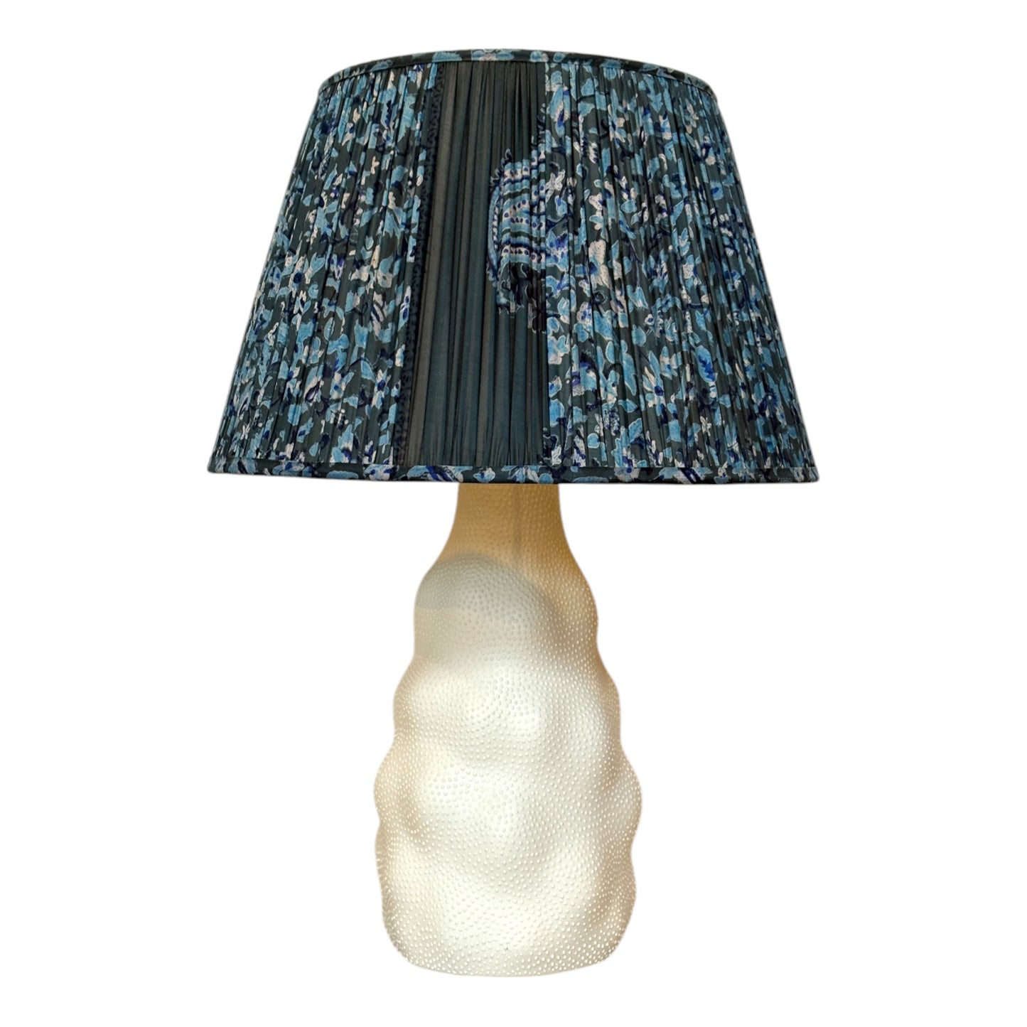 Marine blues silk sari lampshade on Iki lamp