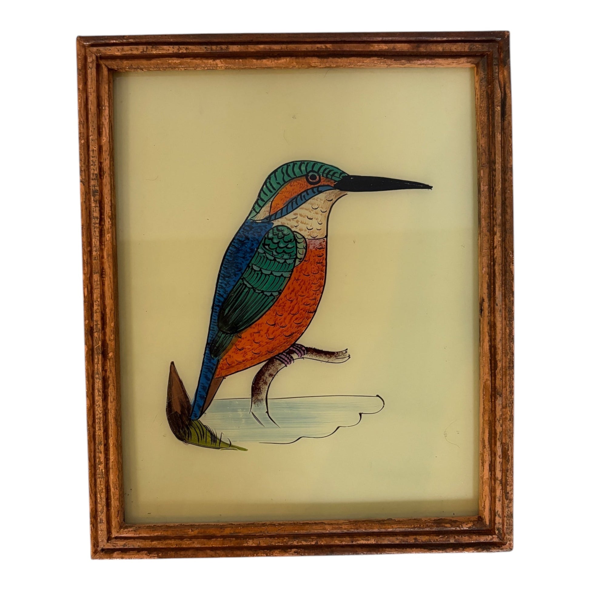 Glass painting of kingfisher in a wooden frame on a white background